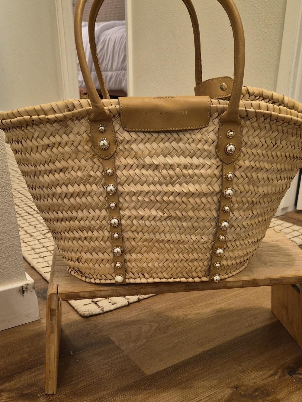 Sophia Webster Natural Straw Tote with Tan Leather Trim and Pearl Studs